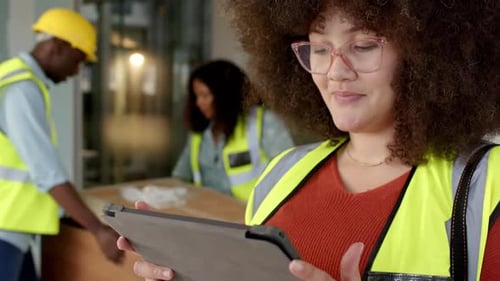 Smiling casual biracial female architect with tablet in office, slow motion, copy space