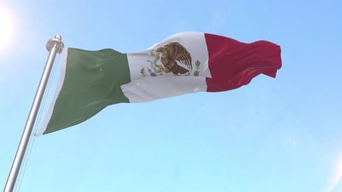 Realistic Mexico National Flag Waving in Blue Sky