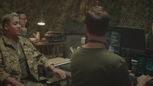 Team at Computers in Camouflaged Room
