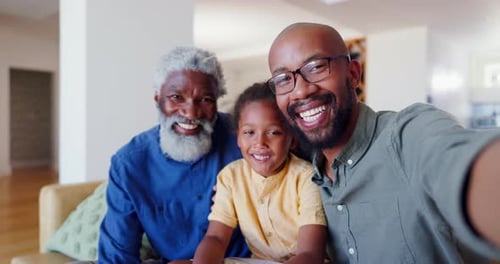 Face, selfie and kid with grandfather, father and love in home, bonding