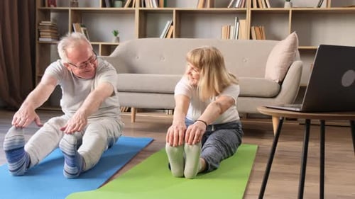 Senior Couple Stretching Together at Home