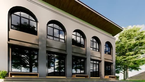 Diseño exterior de casa con ventanas de arco moderno