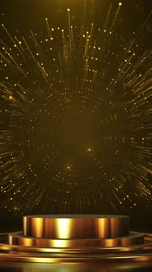 Gold award podium. 3d golden stage glowing light rays glitter floor. Luxury product presentation, gl