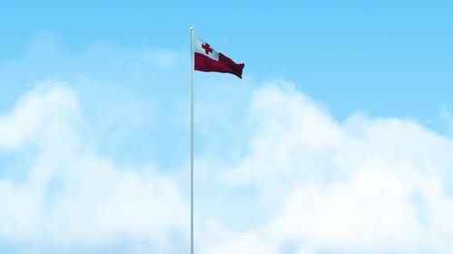 Tongan Flag Waving on Flagpole Against Blue Sky