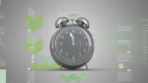 Alarm clock ticking against digital interface with data processing against grey background