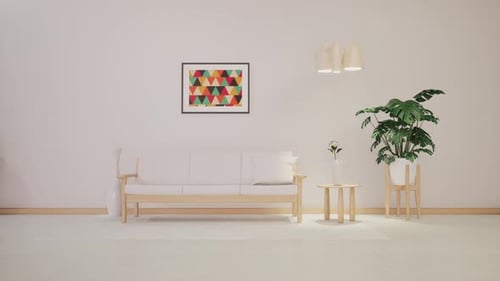 Minimalistisches Wohnzimmerinterieur mit weißem Sofa, Holzmöbeln