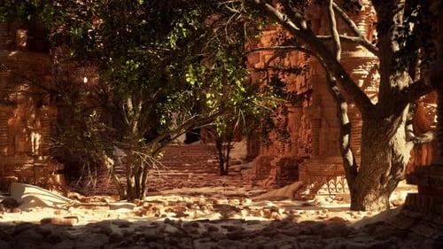 Ruines d'un bâtiment avec des arbres au premier plan