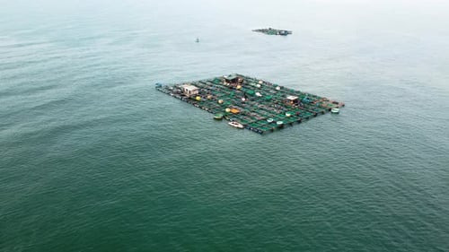 Aquakulturindustrie in Vietnam, große Fischfarm, die auf dem Meer schwimmt, Luftbild