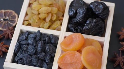 Dried Fruit Assortment in Wooden Tray, Spices
