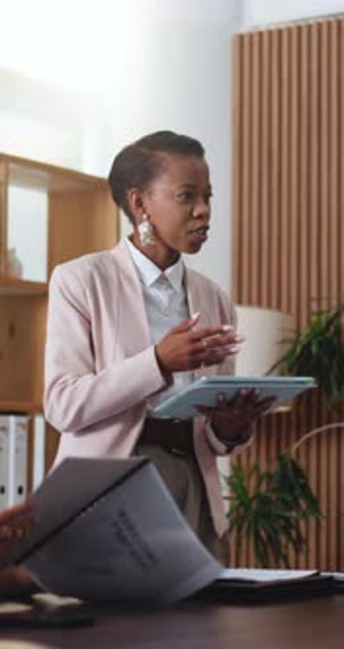 Business, speaking and woman with tablet for presentation in office, insurance proposal and idea