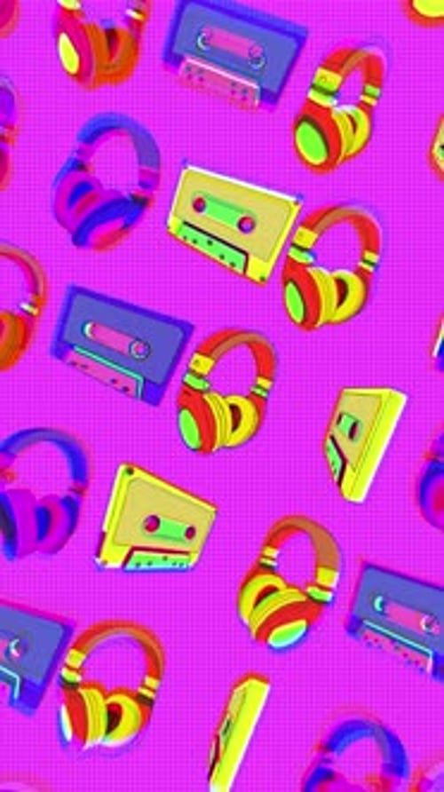 Retro Glitch Headphones and Cassette Tapes Seamless Loop