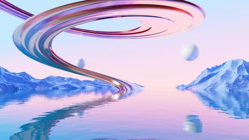 Abstract spiral curves and water surface video, 3d rendering.
