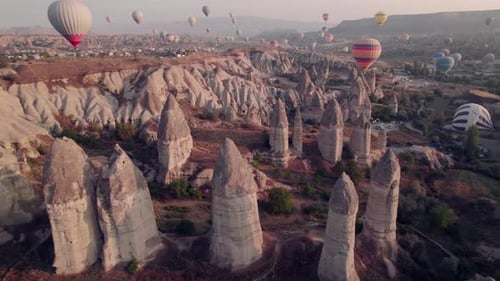 Dreamy Landscape With Floating Hot Air Balloons