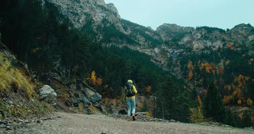 Following Traveler with Hike Backpack at Autumn Mountain Path Journey