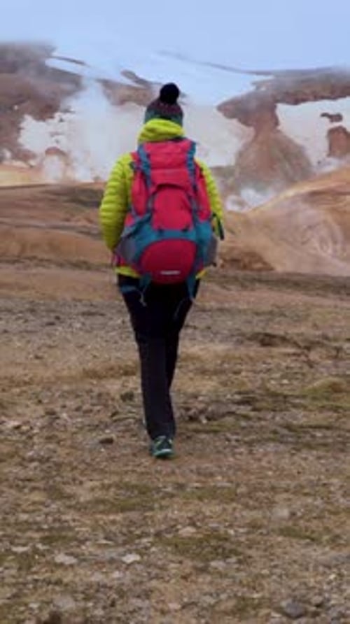 Woman Hiking in Remote Geothermal Wilderness