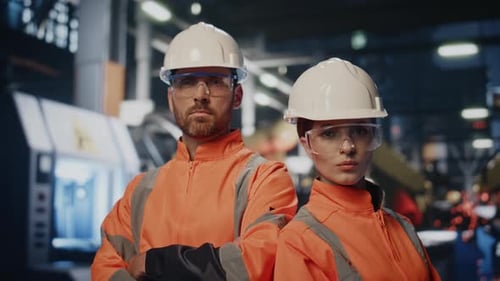 Confident Plant Engineers Posing Manufacturing Workshop in Helmets Close Up