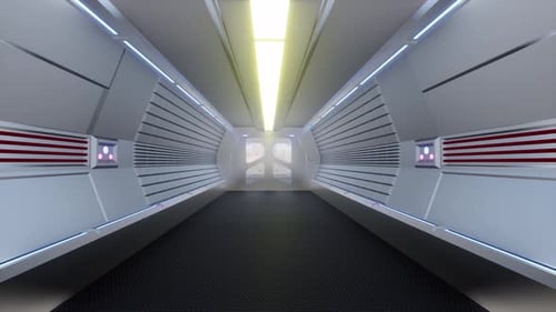 Corredor futurista en nave espacial, puertas abiertas, luz interior