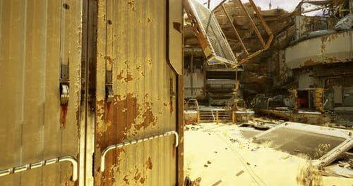 Slow Camera Pan in Ruined Futuristic Desert Environment with Lens Flare