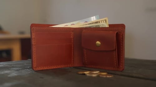 Brown Leather Wallet with Currency and Coins