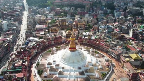 Aerial 360 degree view of Boudhanath Stupa, a Tibetan Monastery, in Kathmandu Nepal