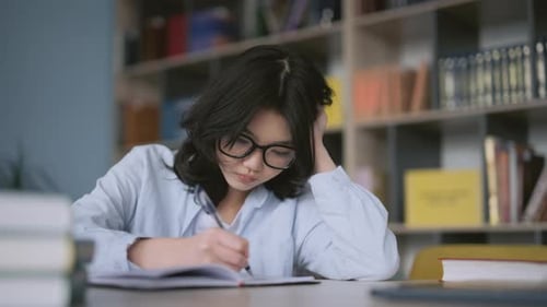 Focused asian student writing in university library
