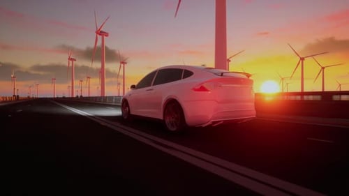 3D Render Of Generic Electric Car Drives On Highway With Wind Turbines At Sunset