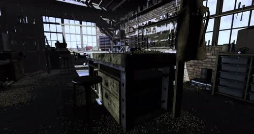 Old Workshop Interior with Tools and Natural Light Showcasing Rustic Charm