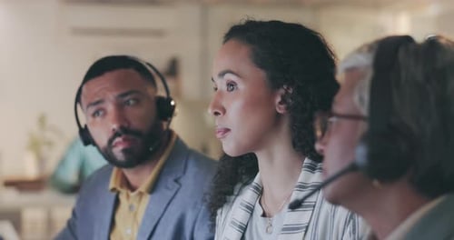 Call center, training and advice with business people in office for communication