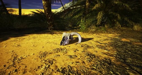Desert Landscape with an Exposed Ram Skull Under Twilight Skies