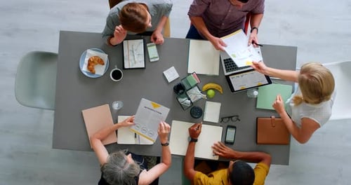 Business meeting, team and digital marketing collaboration top view, planning stratergy