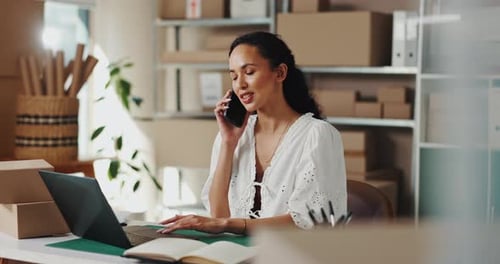 Woman, discussion and phone call on laptop at warehouse of stock inventory