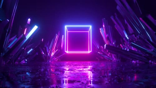 Glowing volumetric linear cube rotates and flies forward along the crystal tunnel at night.