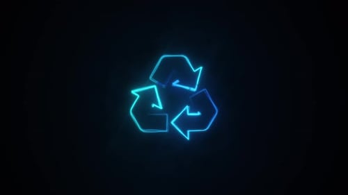 Letrero de reciclaje con animación de símbolos de neón 4K