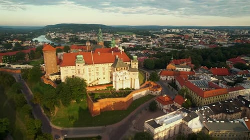 Aerial view of Wawel Castle at sunrise, Krakow, Poland