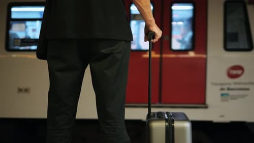 Tourist Man with Suitcase Baggage in Spain A Traveler with Luggage Suit Jacket on Business Street Go