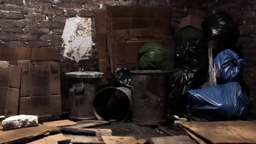 Cluttered Storage Room Filled with Trash Bags and Cardboard Boxes in Dim Light