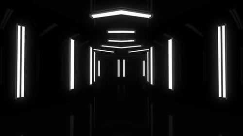 Sleek modern tunnel with bright neon lights ahead