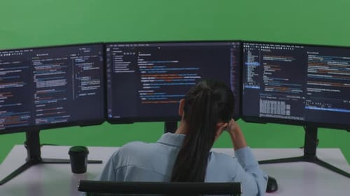 Asian Woman Having Headache While Write Code With Multiple Computer Screens In Green Screen