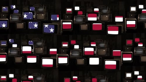 Stacked Retro Televisions Display American and Texas Flags