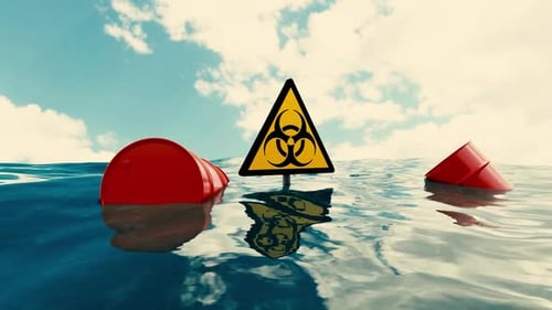 Biohazard-Schild und im Wasser schwimmende Fässer
