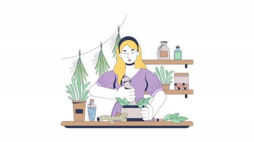 Herbalista preparando remédios naturais, animação de desenho animado