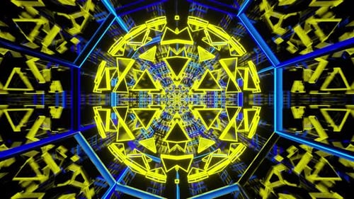 Gespiegelter blauer LED-Hintergrund mit gelbem Kaleidoskop-Tunnel VJ Seamless Loop Hintergrund