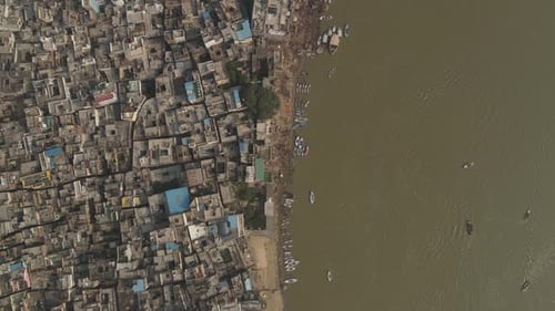 Aerial shot of varanasi, banks of ganges. Varanasi city bird's eye view.