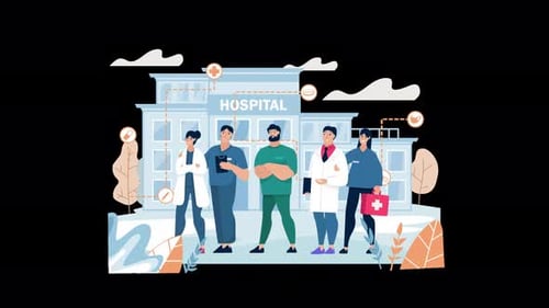 Equipo médico diverso frente al edificio de un hospital
