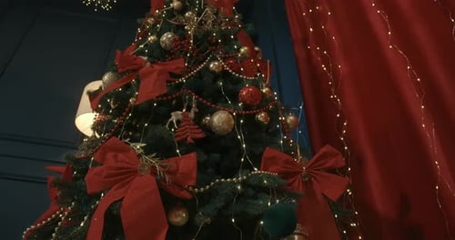 Beautiful Christmas Tree Decorated with Red Bows and Garlands Standing in Studio with Black Wall