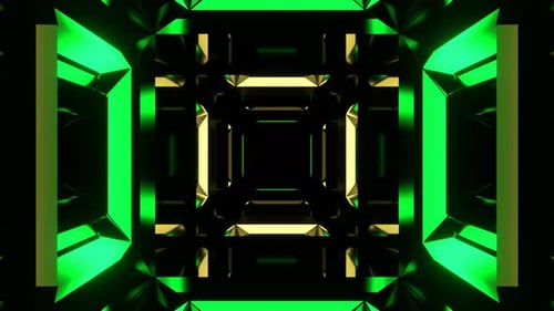 Grünes und gelbes Tunnelsystem mit rechteckigen Neonteilen im Hintergrund, VJ Loop in 4K