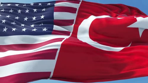 Combined American and Turkish Flags Waving