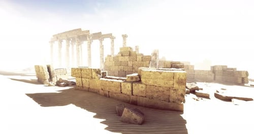 Ancient Ruins in a Sunlit Desert Revealing Historical Structures and Stones
