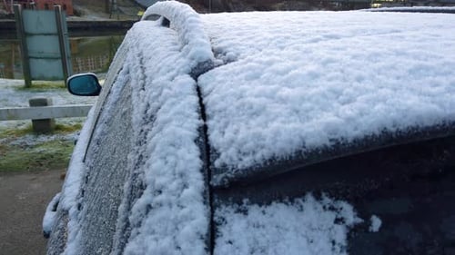 Frozen car with snow. Handheld close up