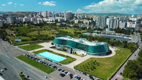 Drone Shot of the Glass Building of the Ministry of Internal Affairs of Georgia in Tbilisi